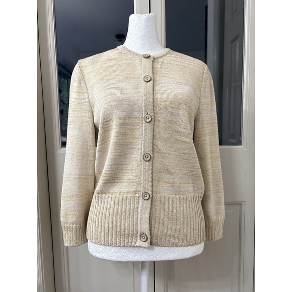 St. John Sweaters - St. John Wool‎ Blend Metallic Gold Knit Cardigan Sweater Women's M Beige
